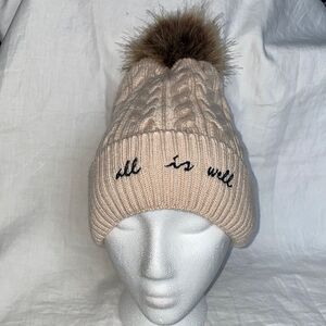 UP TOP Fleece Lined Nude Pom Pom Beanie “All Is Well”-NWT